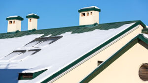 roof with skylight covered in snow